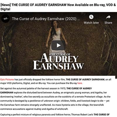 [News] THE CURSE OF AUDREY EARNSHAW Now Available on Blu-ray, VOD & Digital